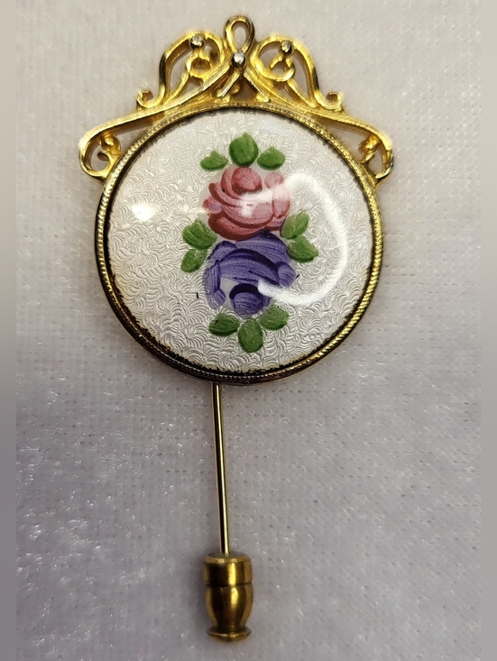 Source Unknown Jewelry - Vintage Hand-painted Floral Design on a Guilloché Enamel Background Stick Pin